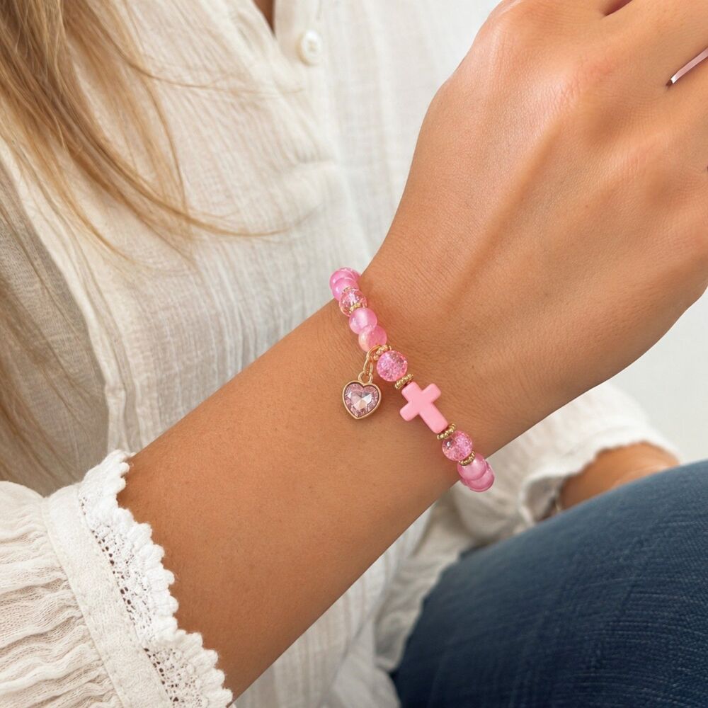 Pink Stretch Cross Bracelet, Heart Charm, Beaded Christian Faith Jewelry